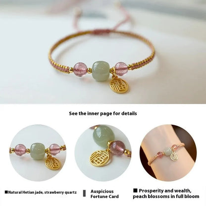 Adjustable red rope bracelet with transfer beads in Strawberry Quartz style on a wrist.