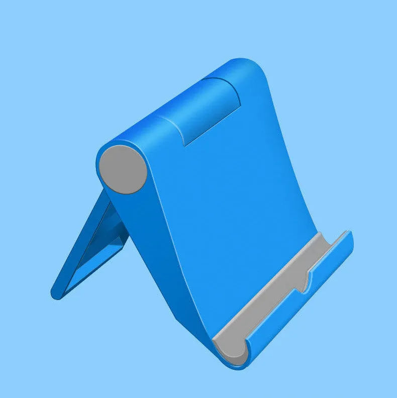 Black PE folding mobile phone stand holding a smartphone at an angle on a desktop.