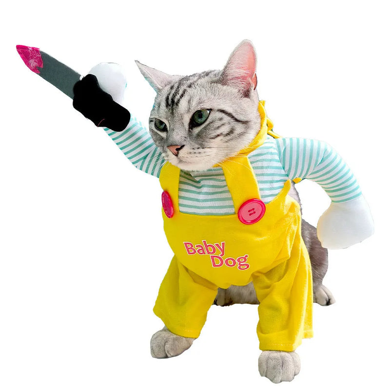 Cat clothing costume for pets featuring a creative yellow knife assassin design, available in sizes S, M, L, and XL, made from polyester material for general gender use, ideal for themed events or playful photo opportunities.