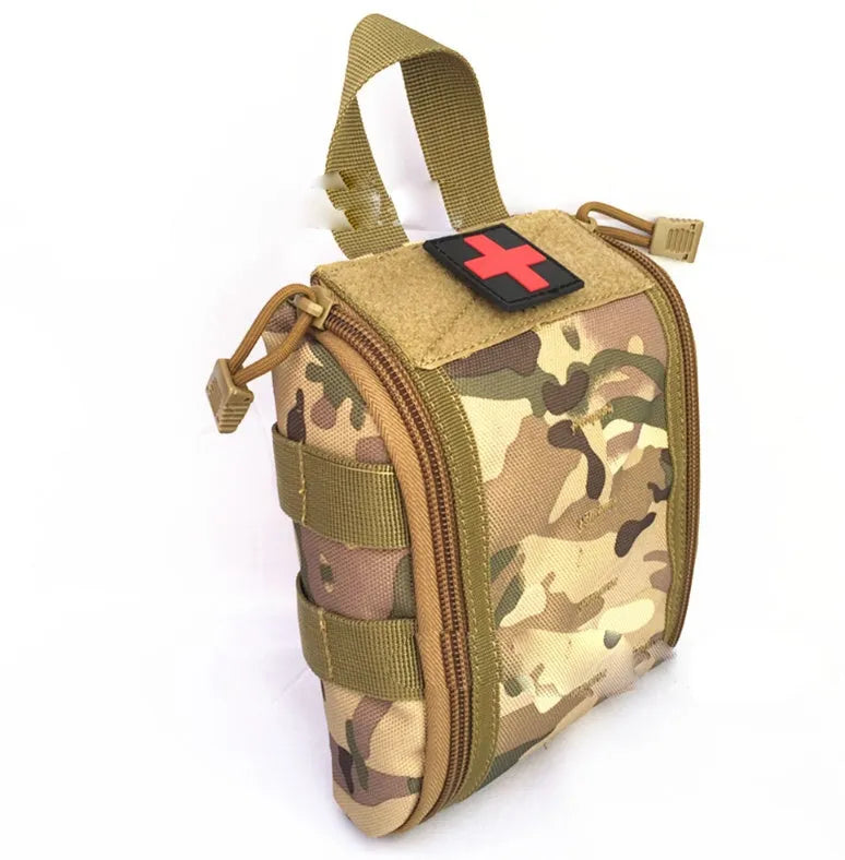 Tactical medical kit for outdoor camping and mountain climbing including sterile cotton swabs, gauze, bandages, band-aids, thermometers, cold and antidiarrheal medicine, available in ACU, Black, CP, Green, and Khaki colour options