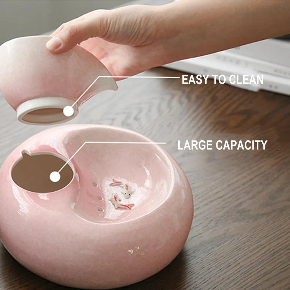 Ceramic automatic cat water dispenser with leaf design in white or pink, porcelain pet fountain with EU or US plug
