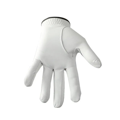White half sheepskin golf glove showing non-slip grip surface