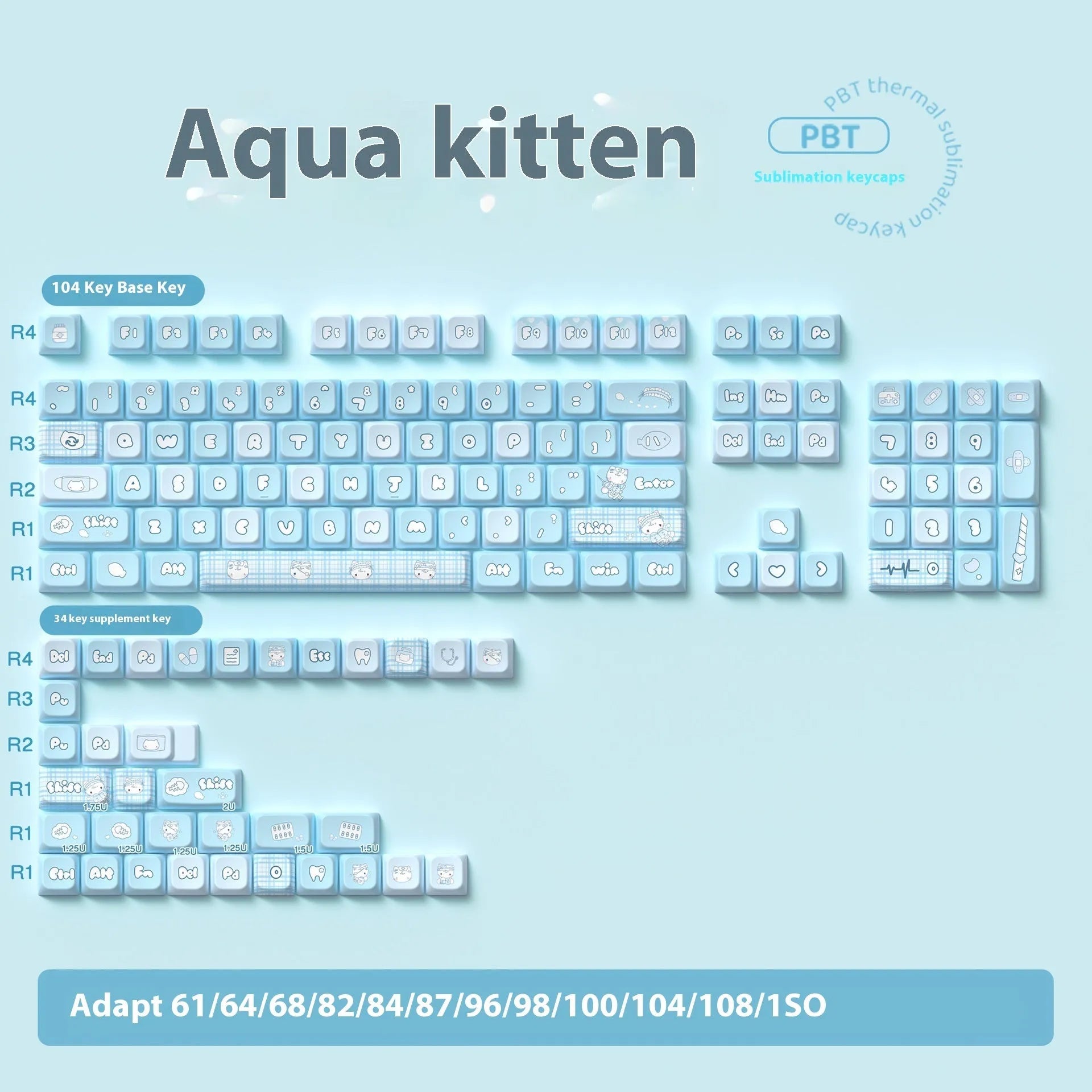 Watercolour kitten design custom keycap set for mechanical keyboards with sublimation print on PTB plastic