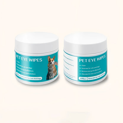 Canister of 100 disposable pet eye cleaning wipes with aloe vera and chamomile.