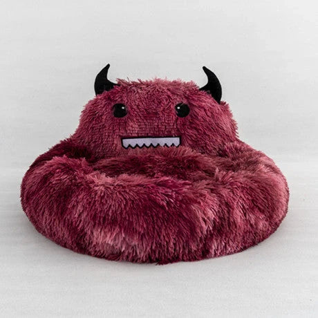 Round cat bed with soft plush and cartoon animal embroidery, available in multiple colors and sizes