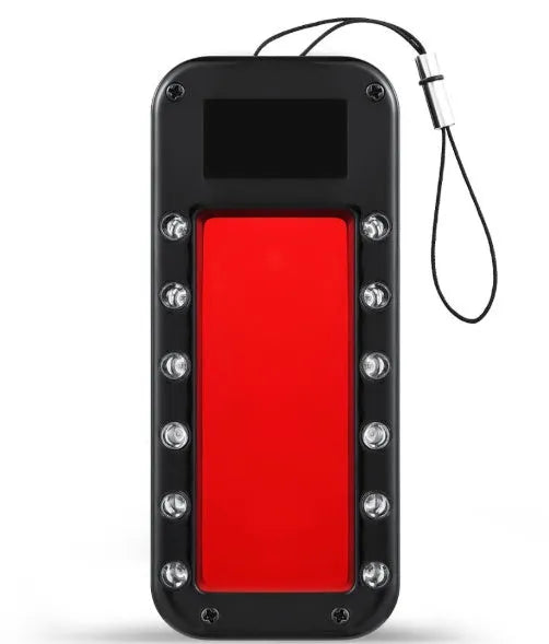 Handheld reverse camera detector for hidden lens scanning, with red laser scanning light, 0-8 metre detection range, 6mm x 3.3mm x 1.1mm dimensions, powered by 5V for up to 10 hours continuous operation.