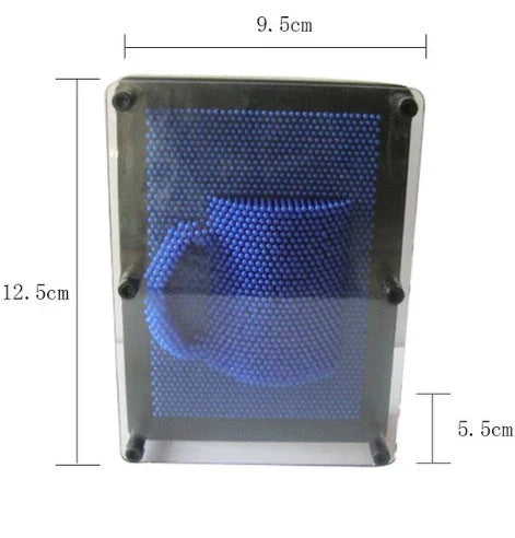 A customizable 3D sculpture impression frame with an array of pins that can capture the contours of any object pressed into it.