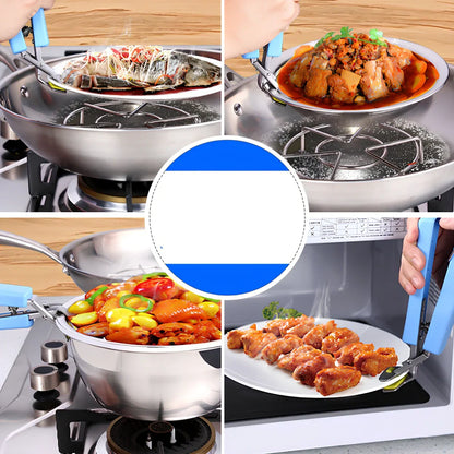 Stainless steel baking tray holder with widened handle and rubber-coated clamps