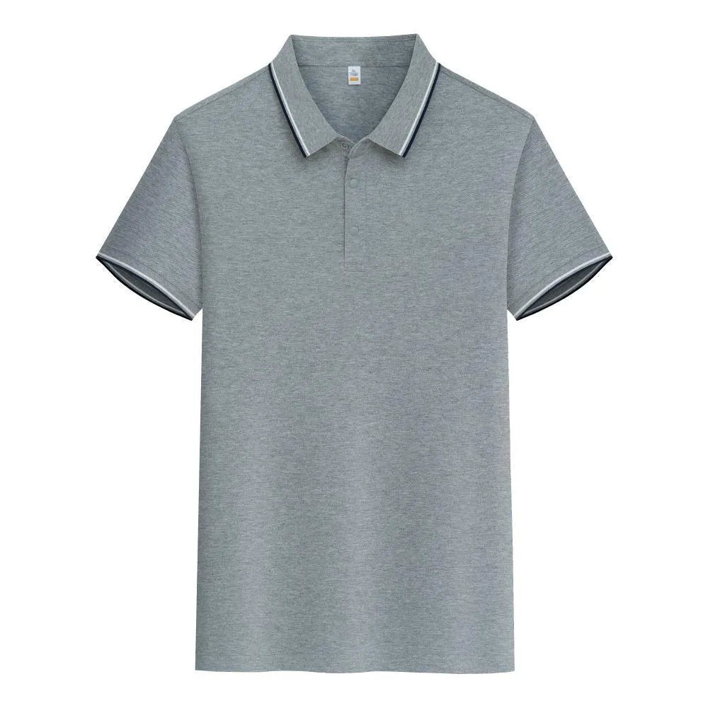Men's pure cotton short sleeve polo shirt with lapels in a range of colours on a hanger.