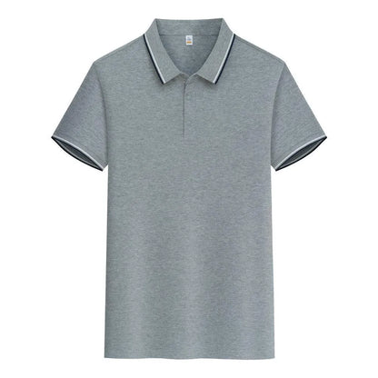 Men's pure cotton short sleeve polo shirt with lapels in a range of colours on a hanger.