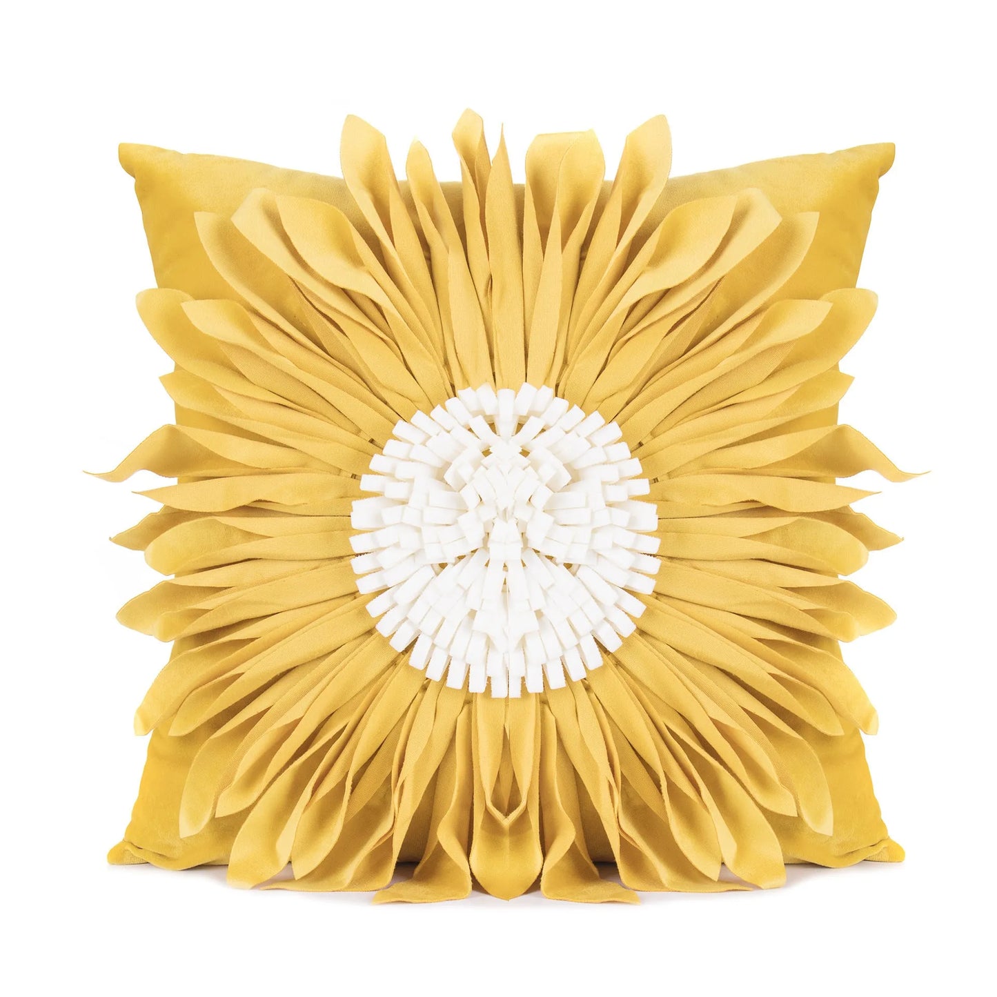 Blue velvet waist pillow with three-dimensional white chrysanthemum tufted design and fringed hem