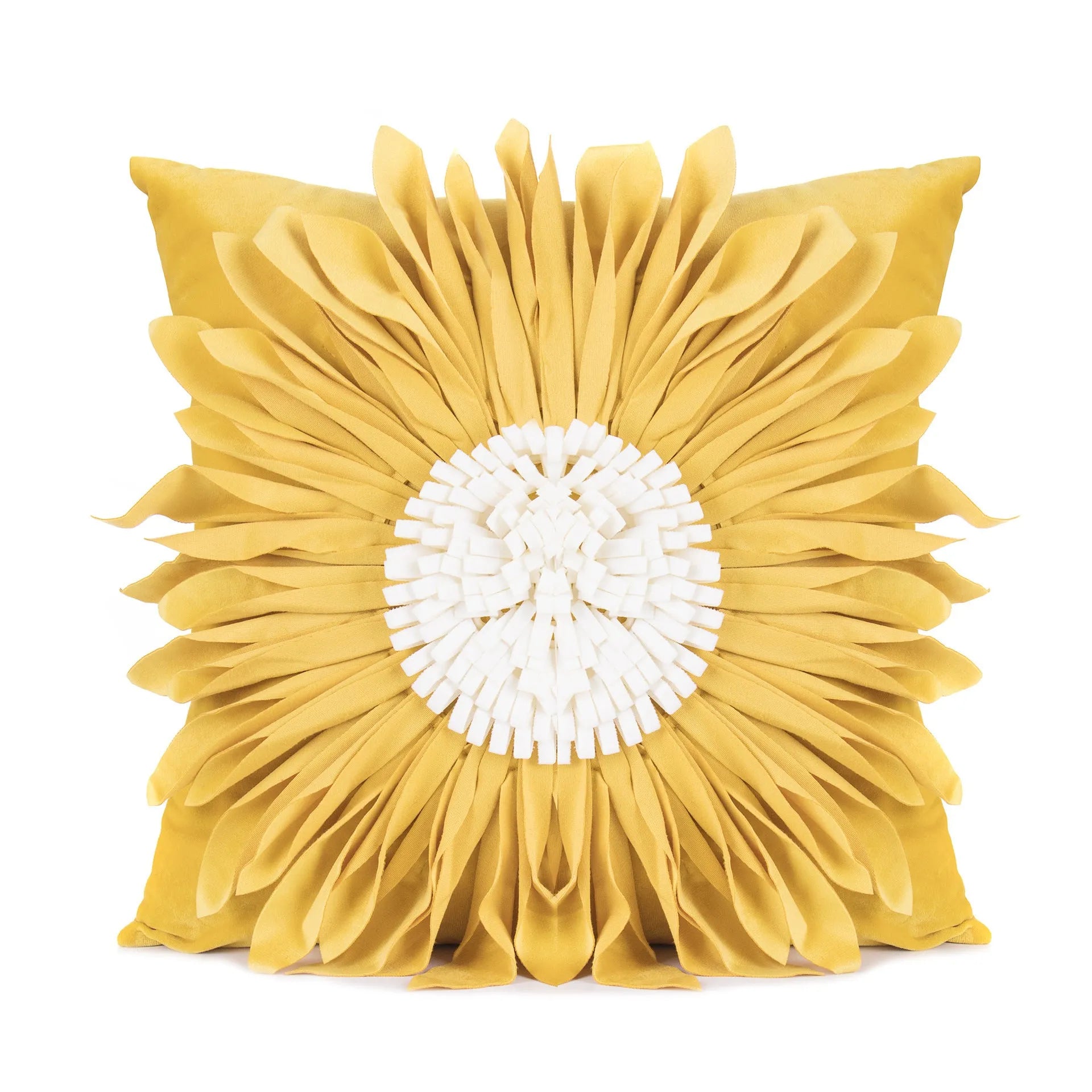 Blue velvet waist pillow with three-dimensional white chrysanthemum tufted design and fringed hem
