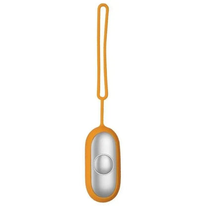 Hand-held micro-current sleep aid device in grey, green, or orange with round button and USB charging port