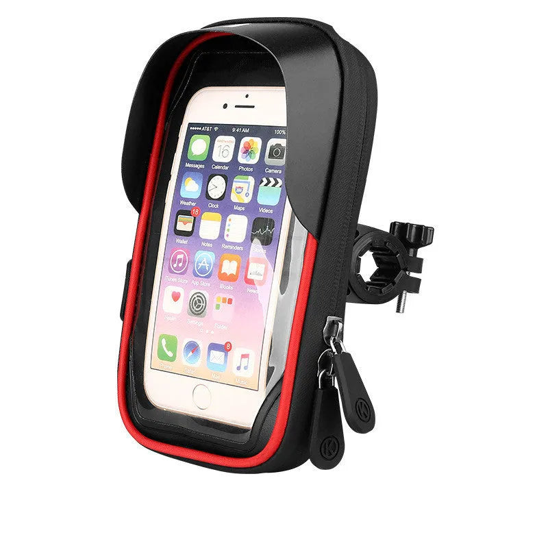 Black TPU mobile phone mount attached to a bicycle handlebar, showing phone inside with touch-through screen.