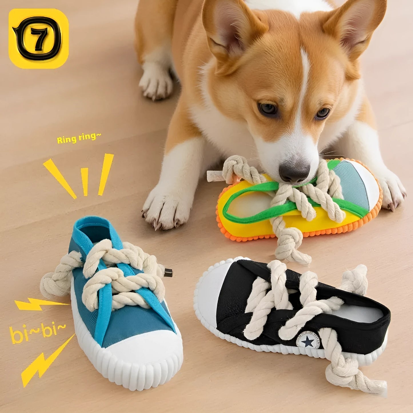 Plastic squeaky dog slipper chew toy in yellow, black, or blue colour
