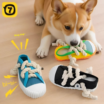 Plastic squeaky dog slipper chew toy in yellow, black, or blue colour