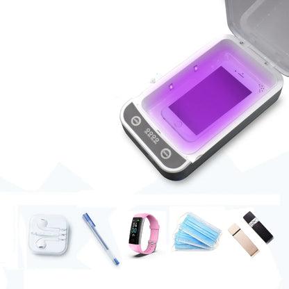 Compact UV disinfection box showing internal chamber with four UV-C lamps for sanitising mobile phones