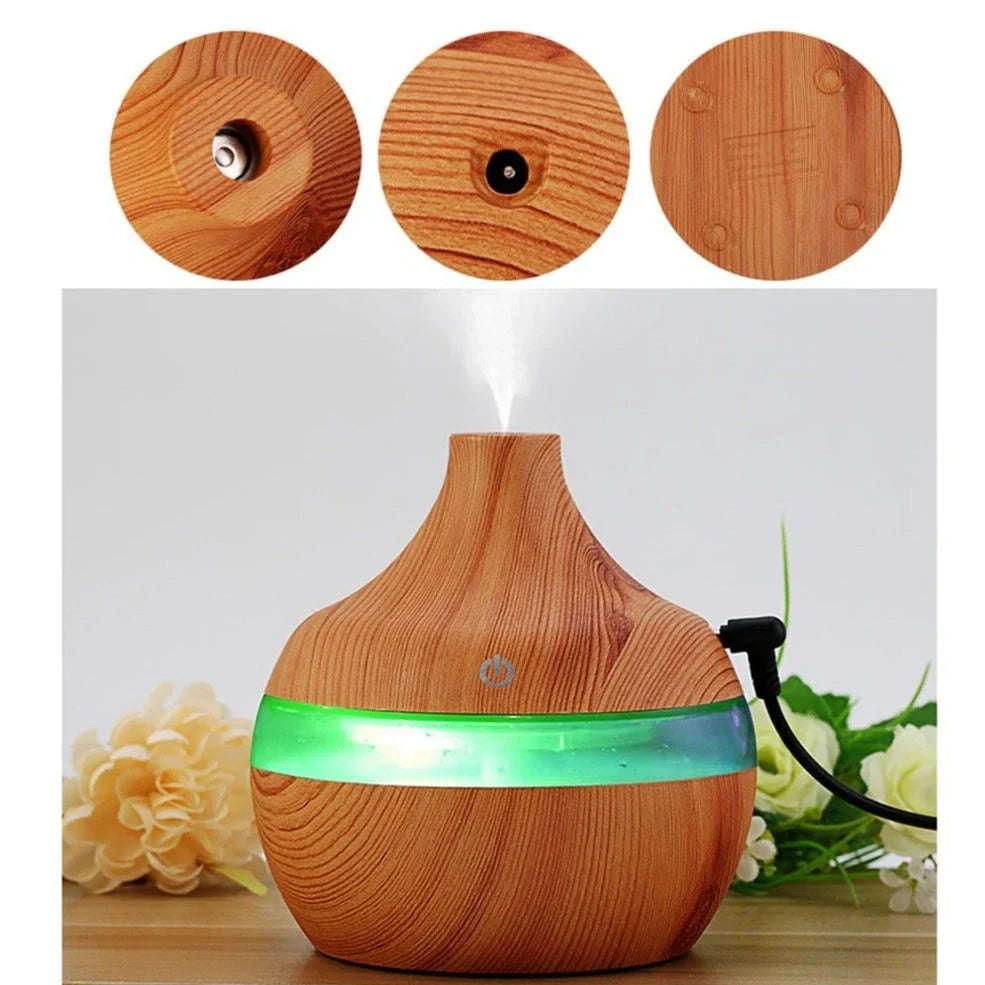 Compact wood grain USB humidifier with 300ml capacity, yellow wood-grain finish, LED lights, for aromatherapy misting