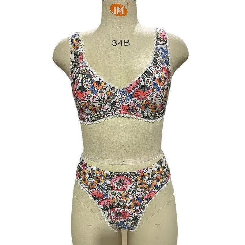 Women's printed bikini swimsuit with push-up top and high-waist briefs