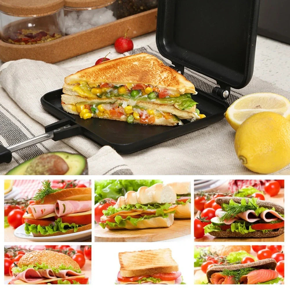 Black double-sided aluminium sandwich pan measuring 34cm with heat-proof handle for cooking