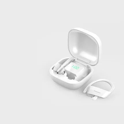 In-ear wireless headphones with Bluetooth 5.0, hanging ear design, NFC, and multi-point connection in Black or White