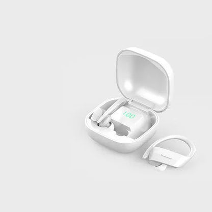 In-ear wireless headphones with Bluetooth 5.0, hanging ear design, NFC, and multi-point connection in Black or White