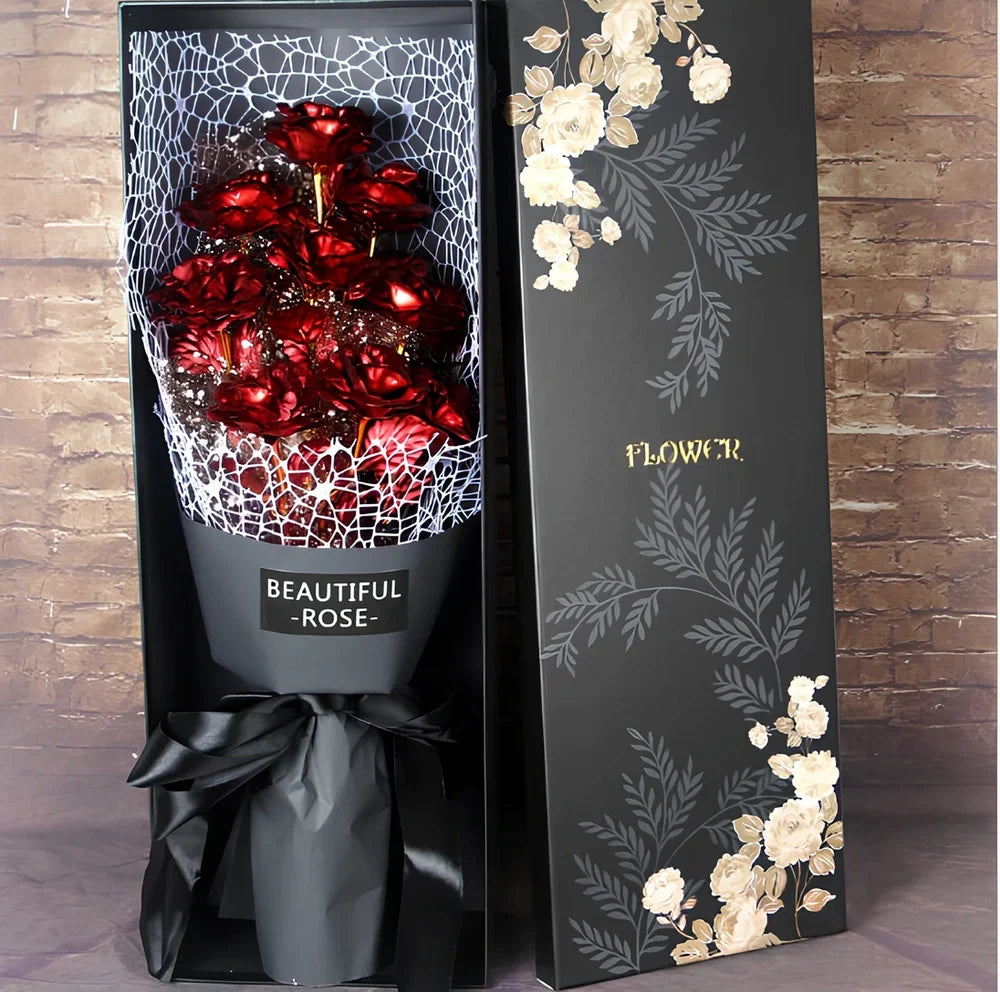 24K golden foil rose bundle in red, 9 stems, 30 cm tall for Valentine's gifting and home decor