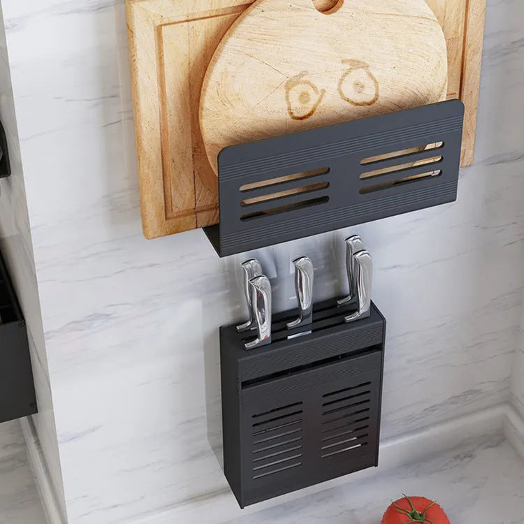 Black aluminium wall-mounted kitchen shelf with chopstick holder, lid rack, tool holder, and glue frame.
