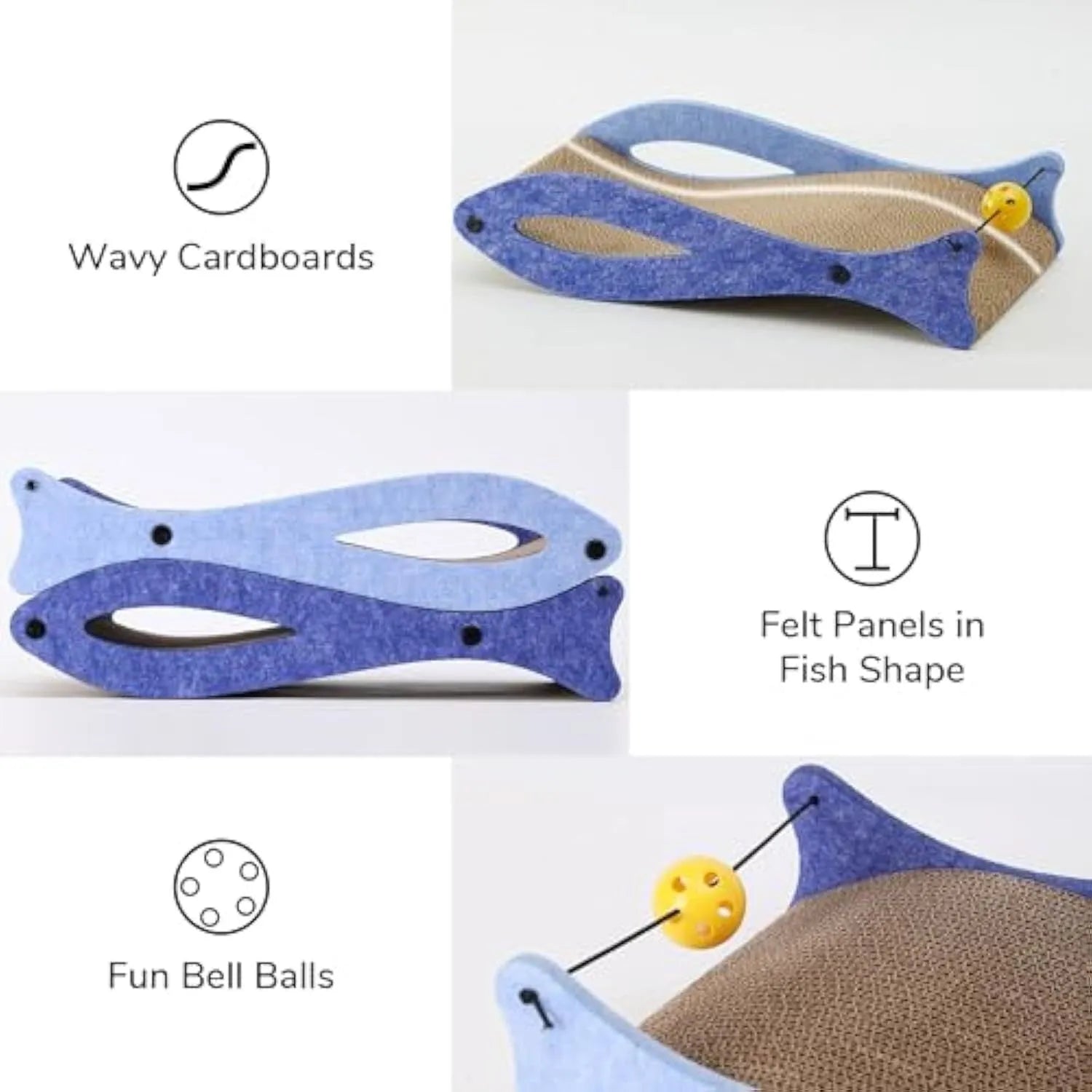 Blue fish-shaped cat scratcher with bell toys on elastic cord, dimensions 46cm by 25cm by 10cm