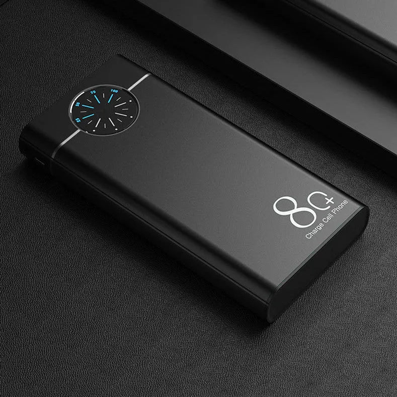 Black, red, and blue coloured 20000mAh fast charging portable power bank with alloy casing.