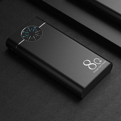 Black, red, and blue coloured 20000mAh fast charging portable power bank with alloy casing.