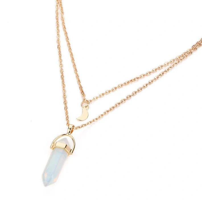 Elegant natural stone hexagonal necklace with double moon and crescent pendant in various colours