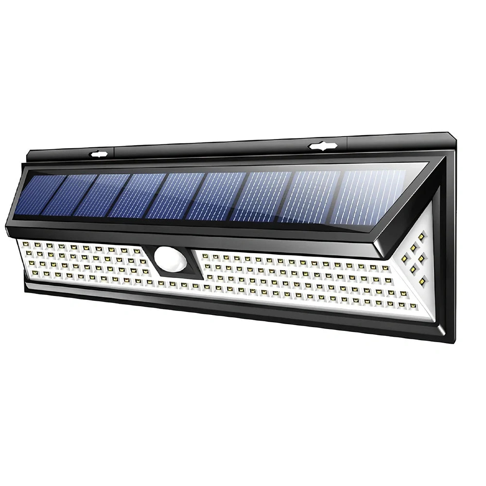 118 LED solar PIR motion sensor outdoor light in cold white, 295x105x50mm ABS build with 4400 mAh battery