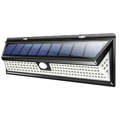 118 LED solar PIR motion sensor outdoor light in cold white, 295x105x50mm ABS build with 4400 mAh battery