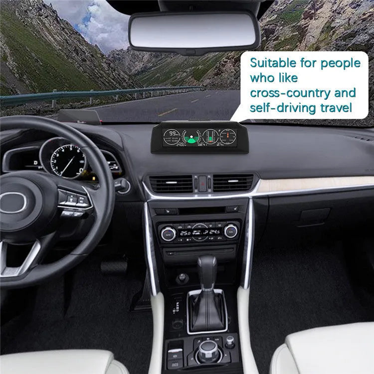 GPS GO 2 universal car head-up display with carbon fibre body showing speed, angle, and compass data on a colour LCD screen.
