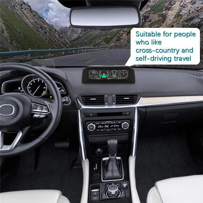 GPS GO 2 universal car head-up display with carbon fibre body showing speed, angle, and compass data on a colour LCD screen.