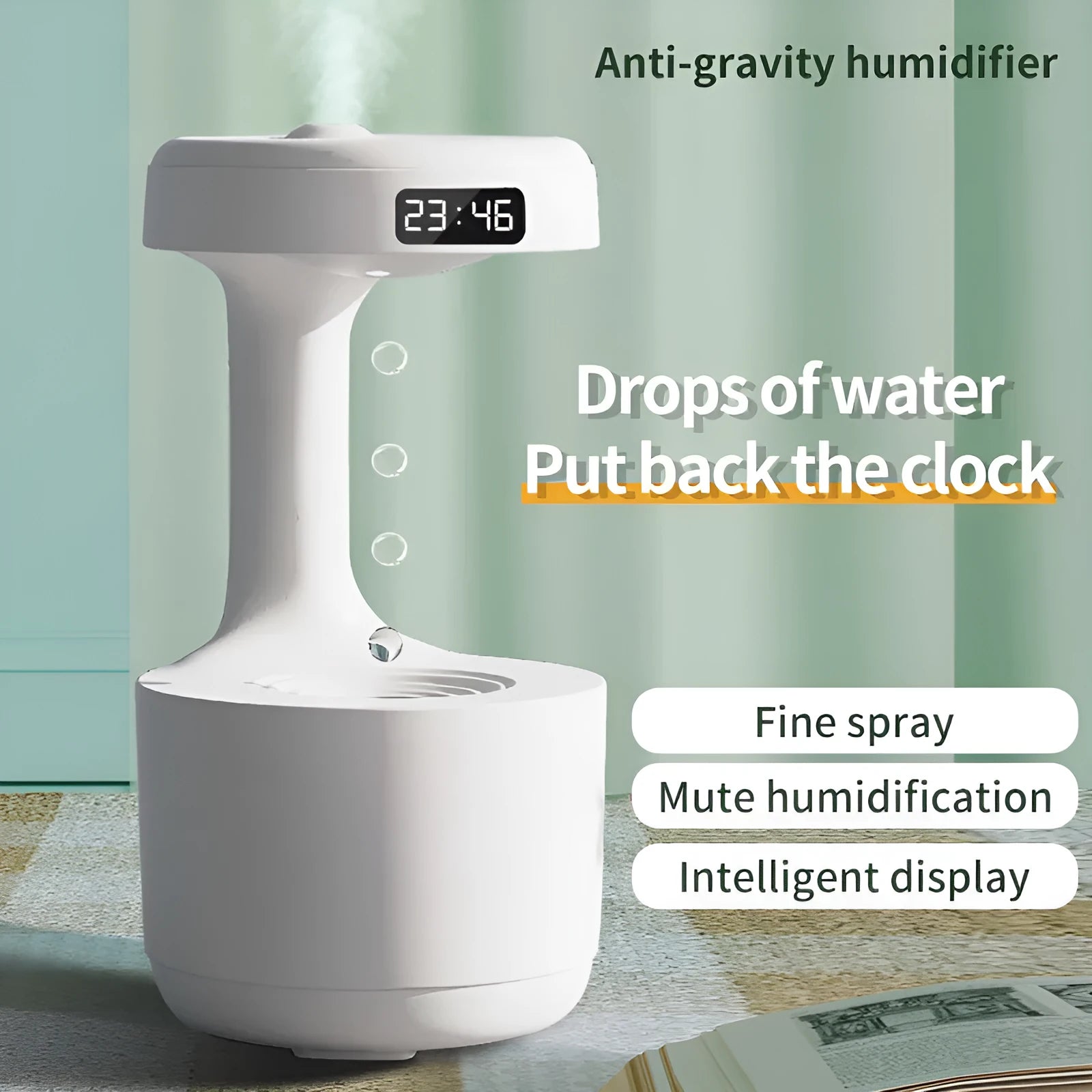White columnar anti-gravity humidifier with water droplet backflow and LED clock display on a desk.