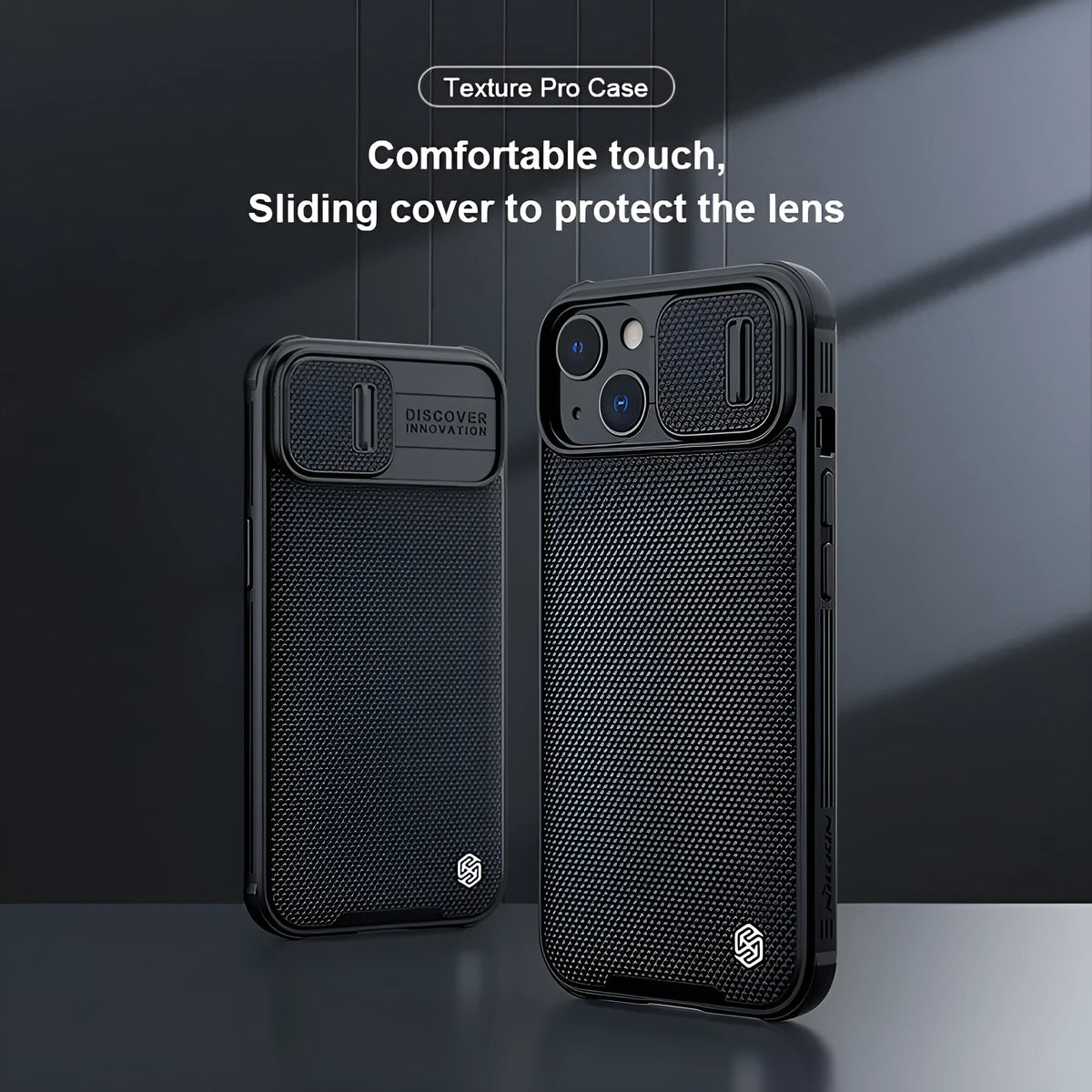 Black textured sliding protective phone case for iPhone 13 Pro Max on a table.