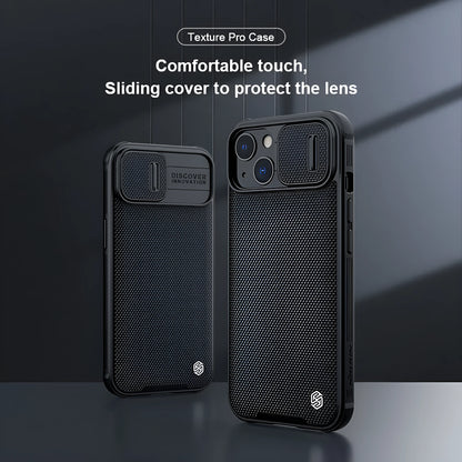 Black textured sliding protective phone case for iPhone 13 Pro Max on a table.