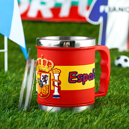 World Cup football mug with 7.6cm diameter and 10.5cm height in team colours