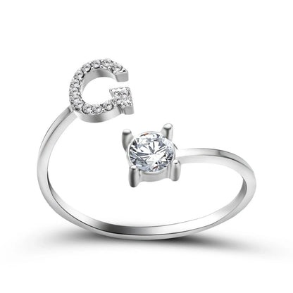 Personalized Initial Letter Crystal Ring with Adjustable Design in Gold, Silver, and Rose Gold Colors