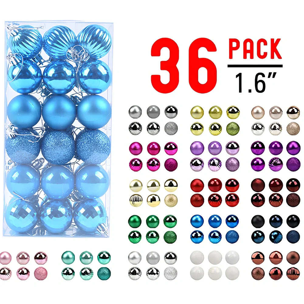 36 Christmas balls in 16 colours including rose gold and champagne gold, 4cm diameter