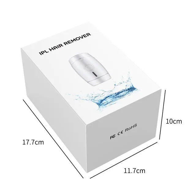 White home laser hair removal device with display, shown next to its power adapter.