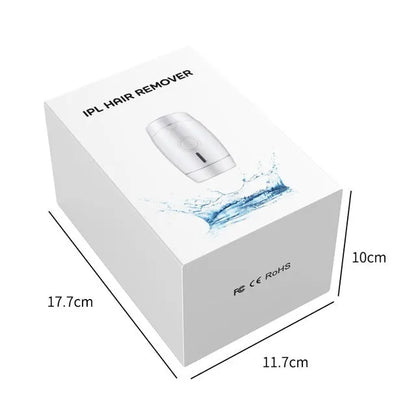 White home laser hair removal device with display, shown next to its power adapter.