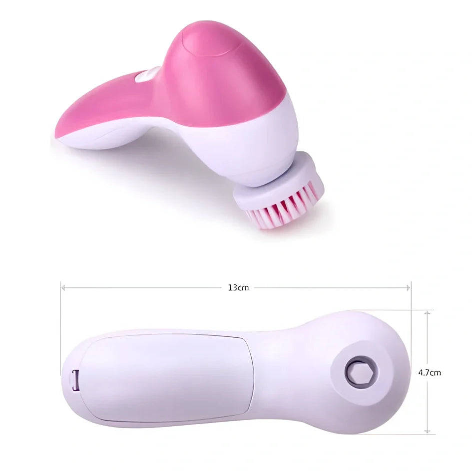 Pink electric facial cleanser device with 5 attachments for pore cleaning and blackhead removal, compact 130x70x48mm size
