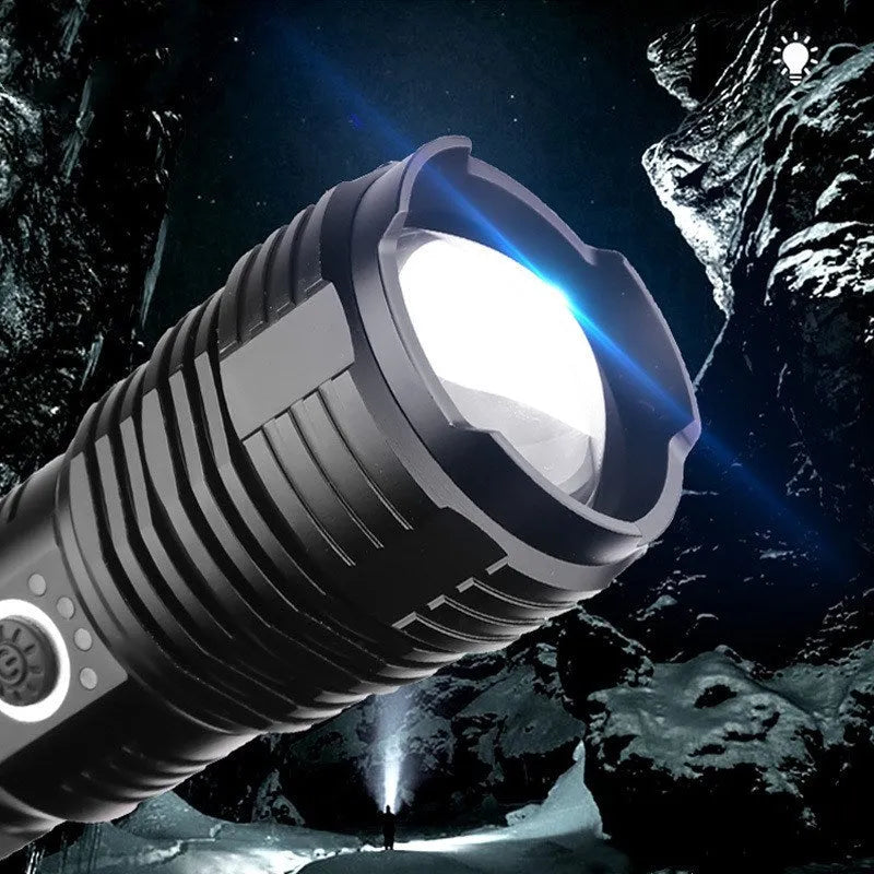 P70 outdoor flashlight with XHP70 LED, micro USB charging, telescopic zoom, and aluminium alloy body