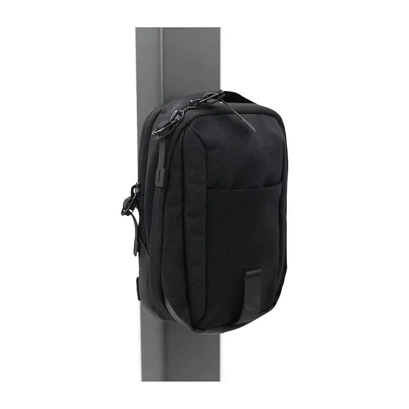 Black Oxford cloth fitness pannier bag with magnetic suction closure and breathable function for indoor sports use.