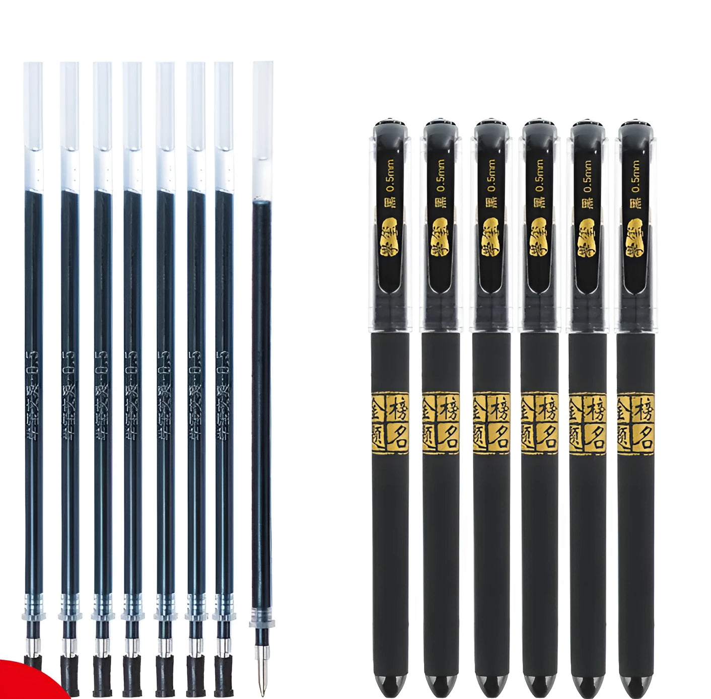 Pack of eight black gel pens with anti-fatigue grips, showing bullet and needle tip options.