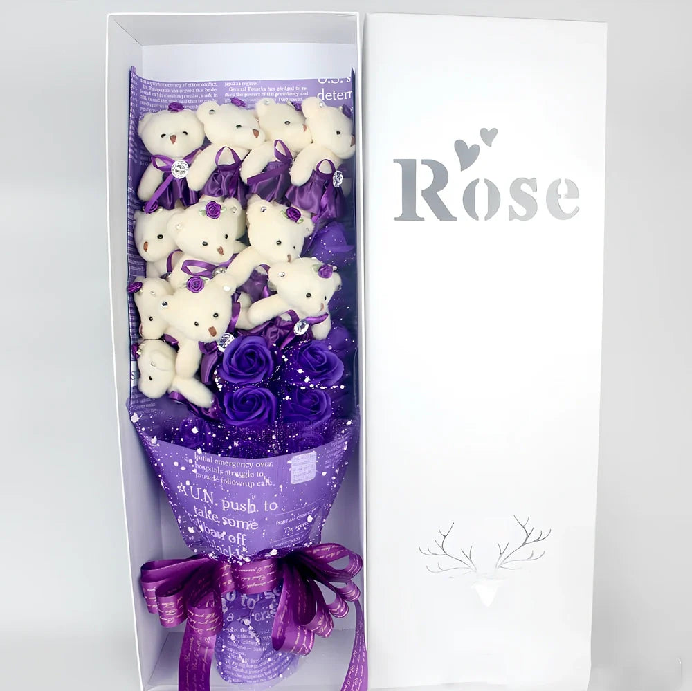 Handmade Valentine's bouquet of 11 cartoon bears 15 cm tall with 11 chiffon roses 10-12 cm in rose gift box, colour options available