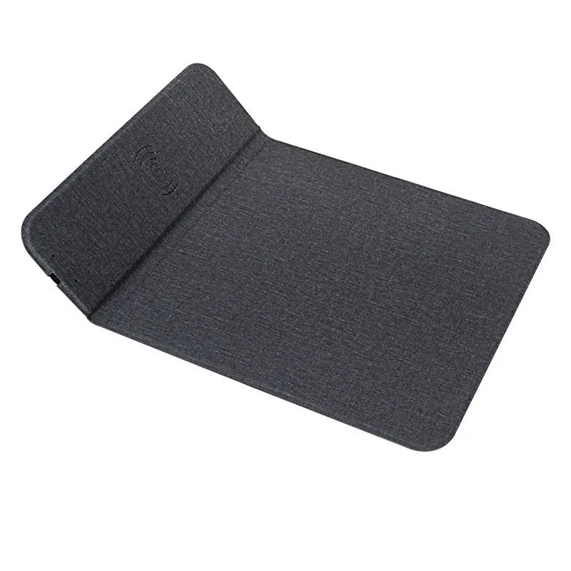 Foldable cloth phone holder unfolded on a table, wirelessly charging a smartphone with 10W power